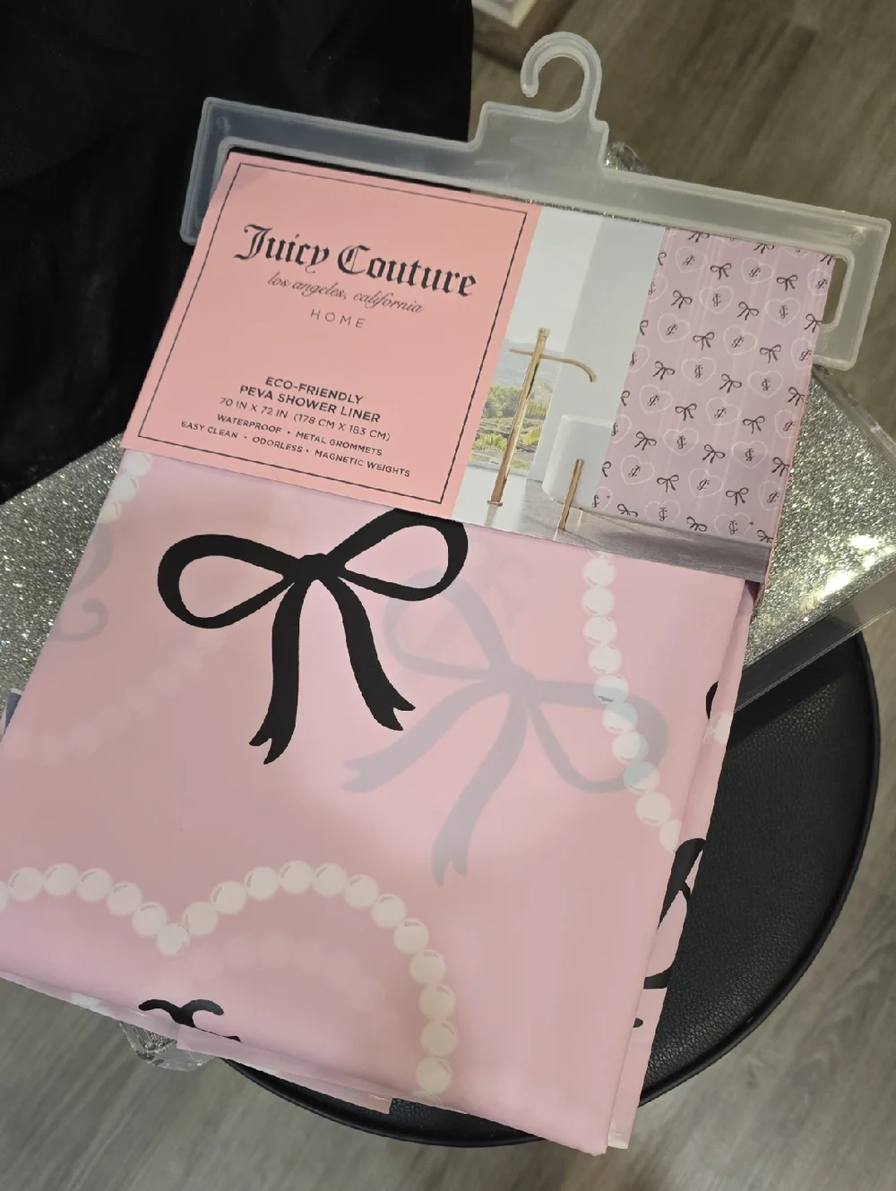 Juicy Couture Home JC Heart Logo & Bow PEVA Shower Curtain Liner